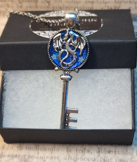Ornate Dragon Key Pendant Necklace with Glow in the Dark Stars