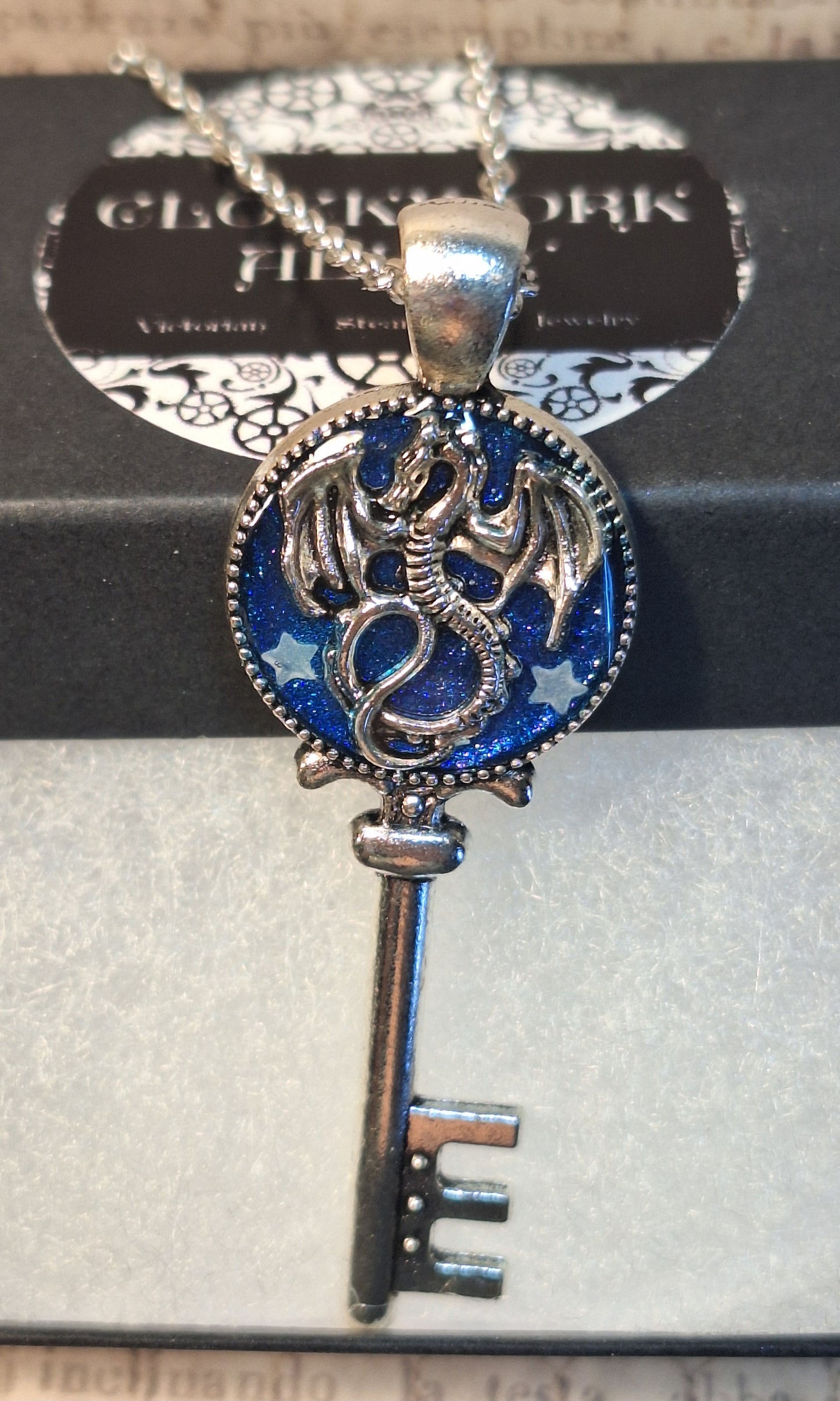 Ornate Dragon Key Pendant Necklace with Glow in the Dark Stars