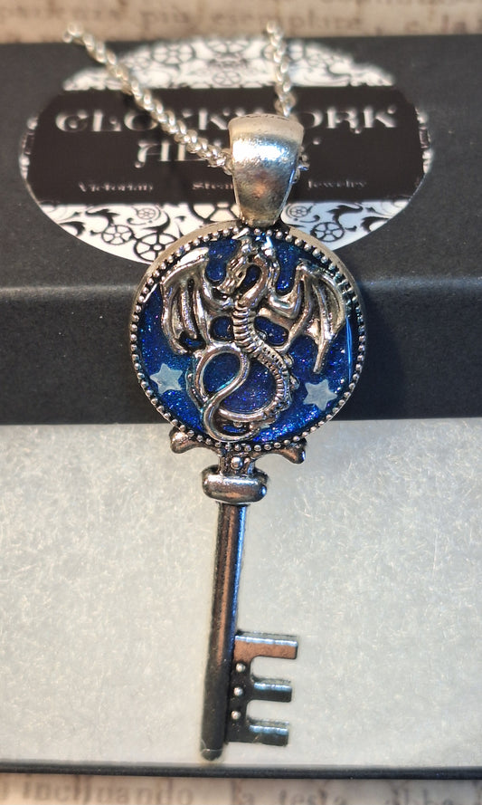 Ornate Dragon Key Pendant Necklace with Glow in the Dark Stars