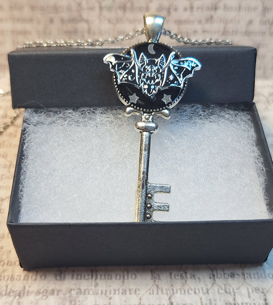 Ornate Luner Bat with Glow in the Dark Stars Key Necklace