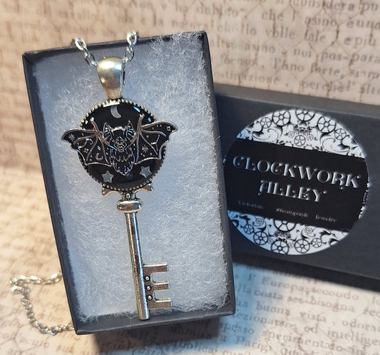 Ornate Luner Bat with Glow in the Dark Stars Key Necklace