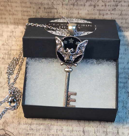 Ornate 3D Bat Key with Glow in the Dark Stars Pendant Necklace