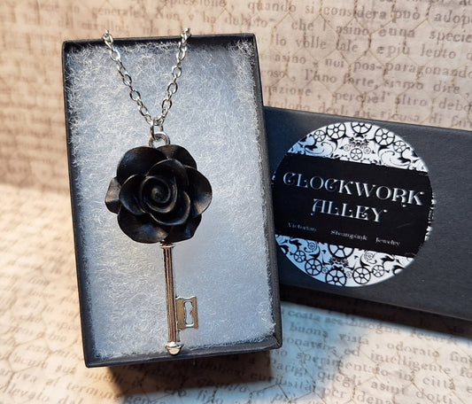 Black Rose Skeleton Key Necklace