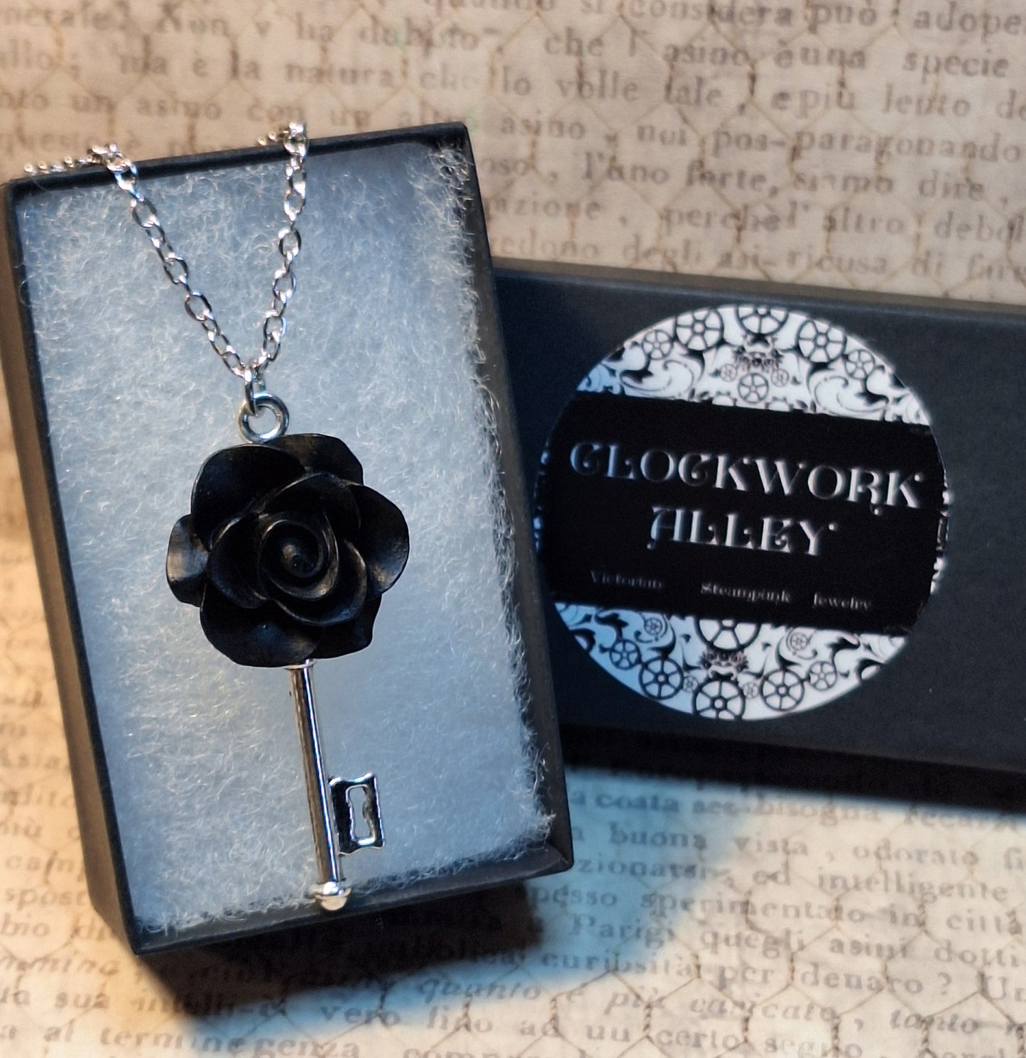 Black Rose Skeleton Key Necklace