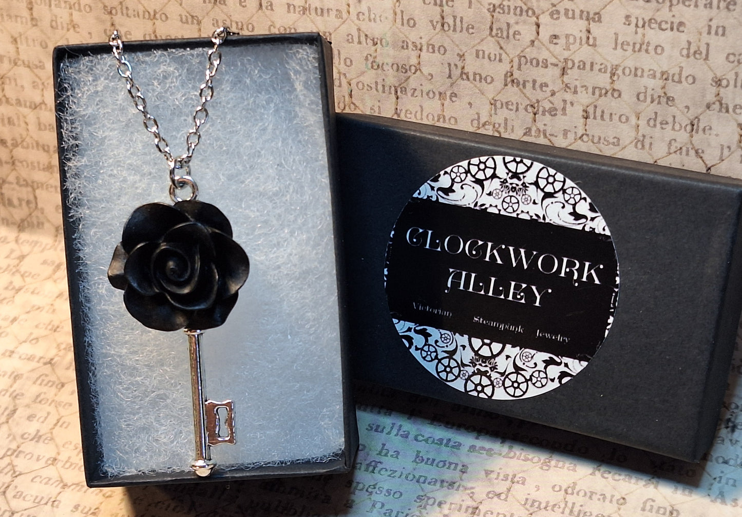 Black Rose Skeleton Key Necklace