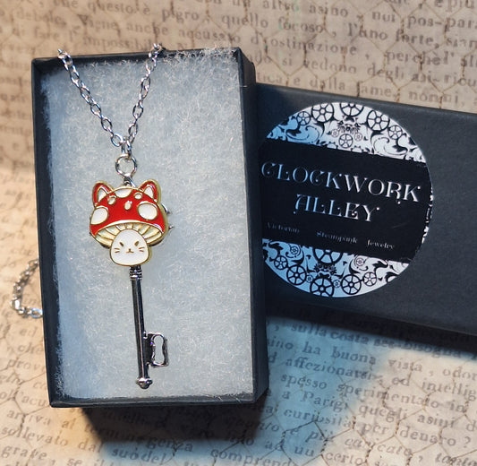 Mushroom Cat Skeleton Key Necklace