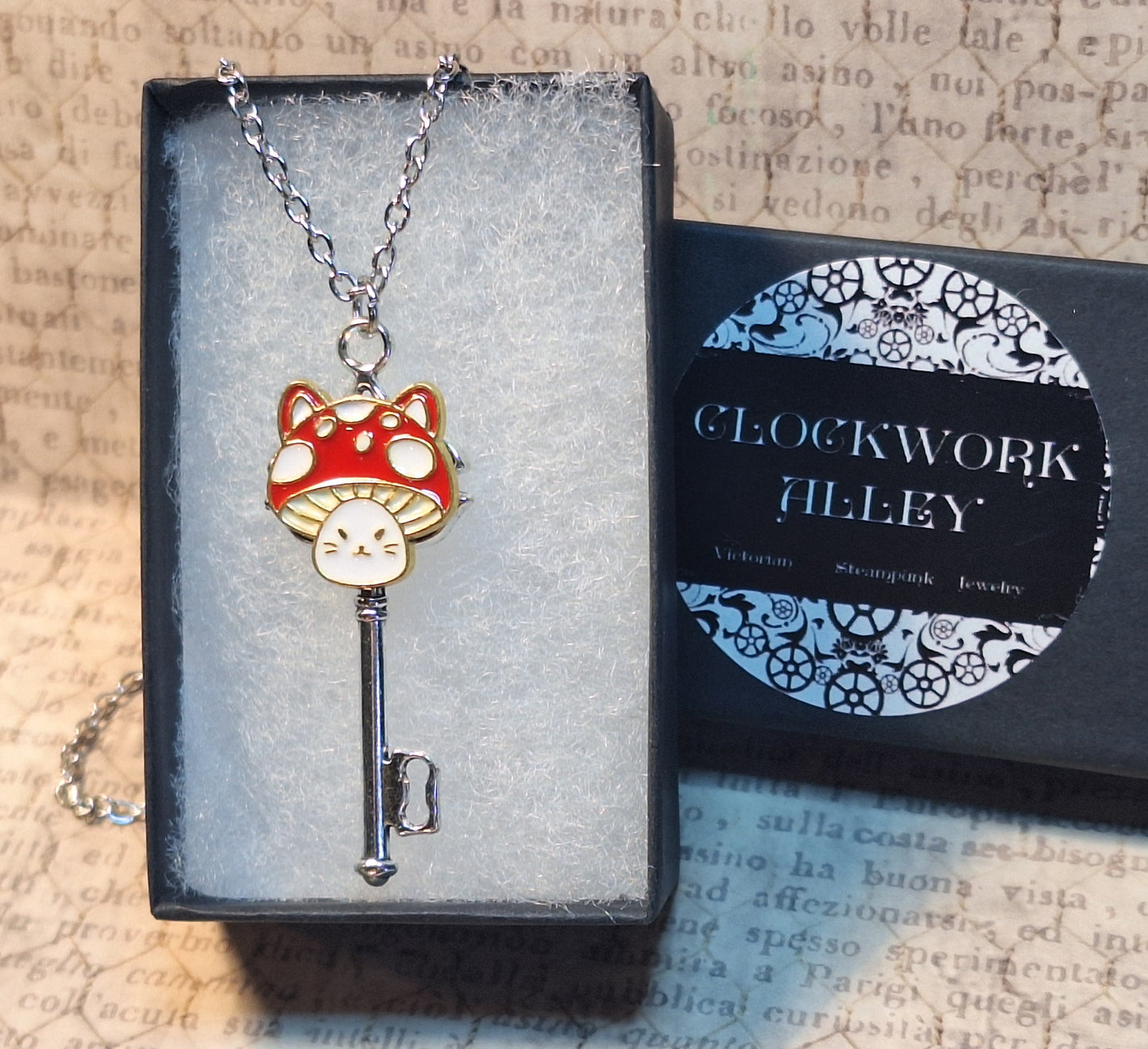 Mushroom Cat Skeleton Key Necklace