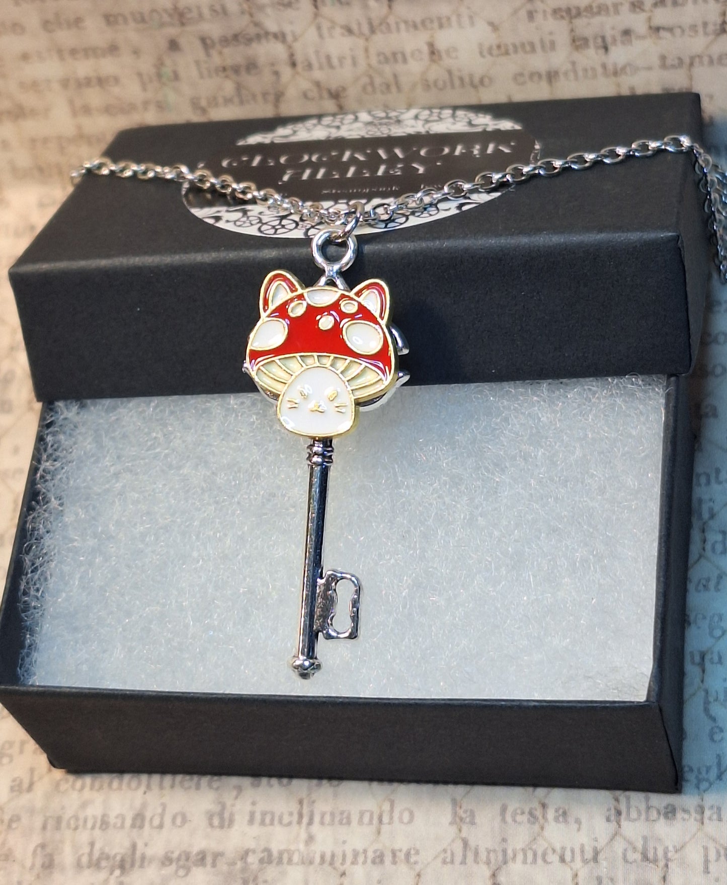 Mushroom Cat Skeleton Key Necklace