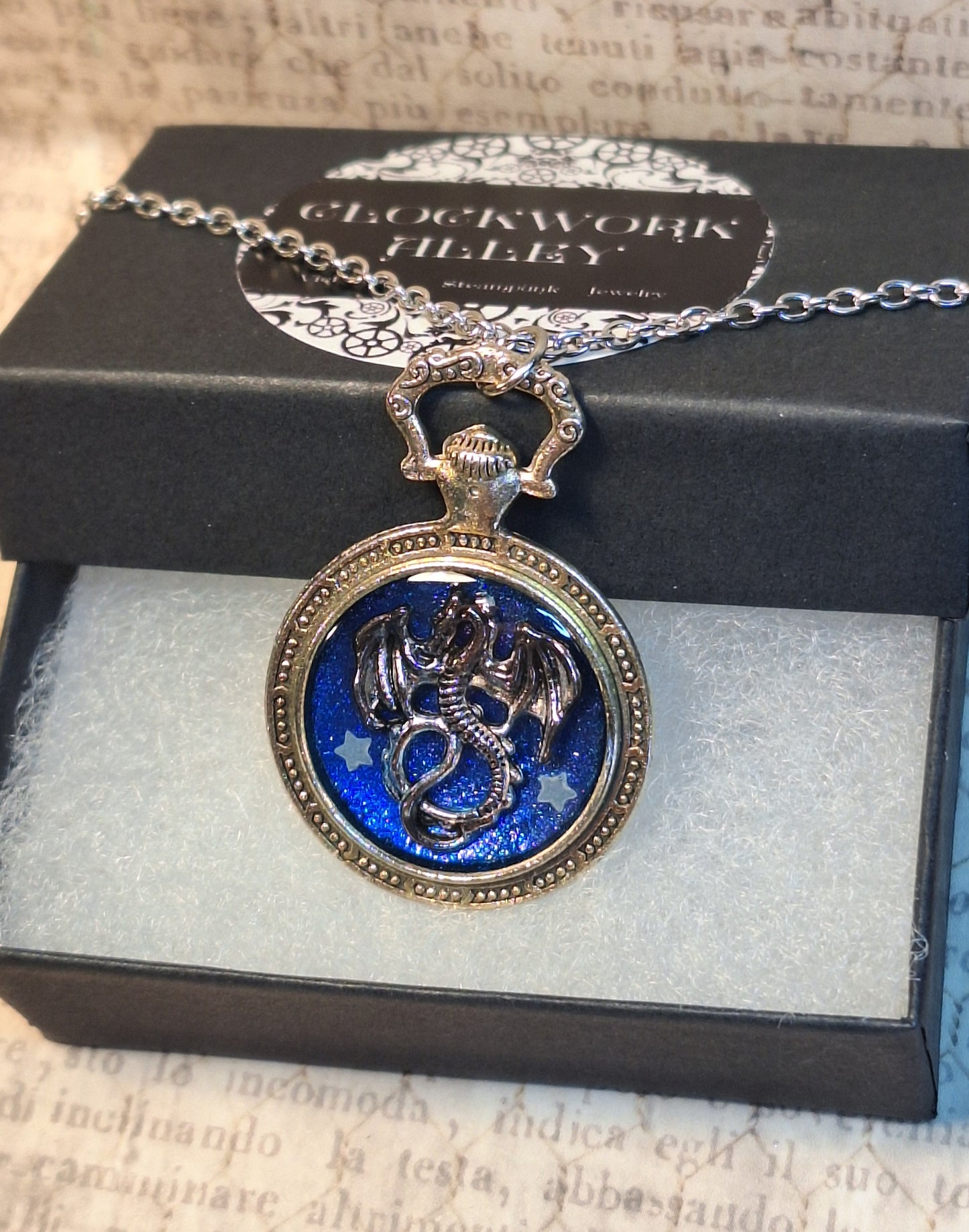 Dragon with Glow in the Dark Stars Pocket Watch Pendant Necklace