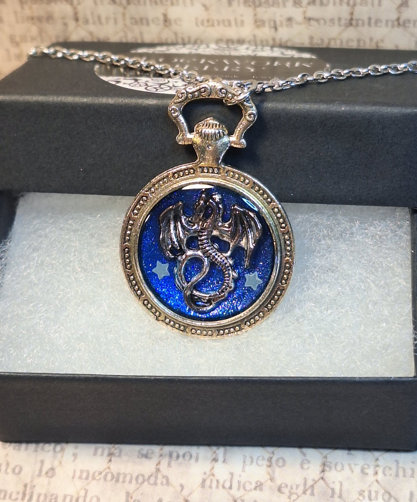 Dragon with Glow in the Dark Stars Pocket Watch Pendant Necklace
