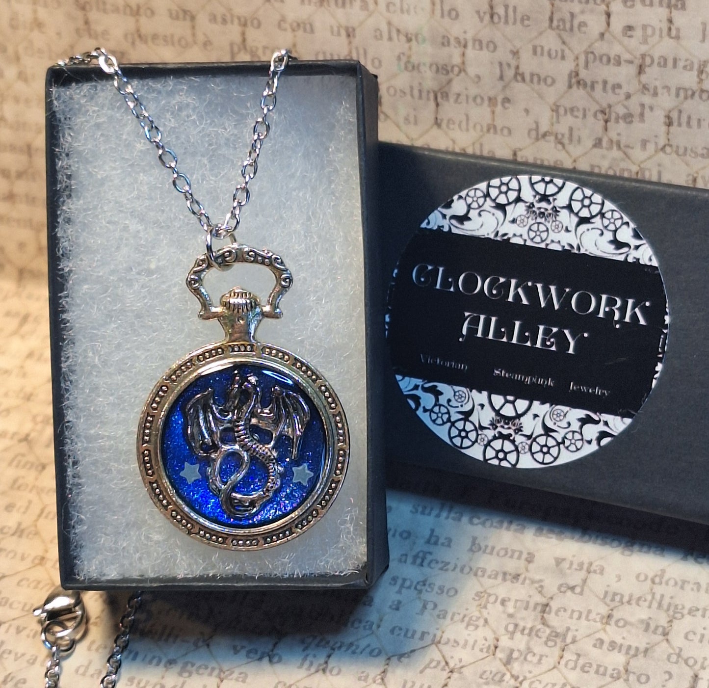Dragon with Glow in the Dark Stars Pocket Watch Pendant Necklace
