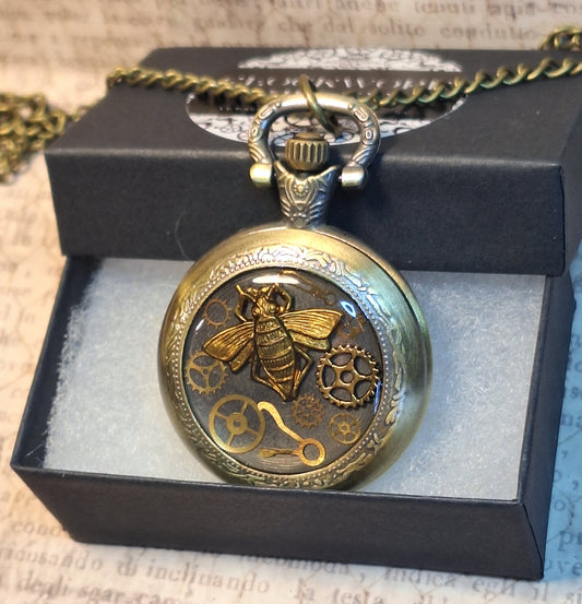Working Steampunk Bee with Grears Pocket Watch Necklace