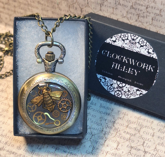 Working Steampunk Bee with Grears Pocket Watch Necklace