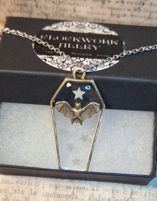 Coffin Bat with glow-in-the-dark Stars Pendant Necklace