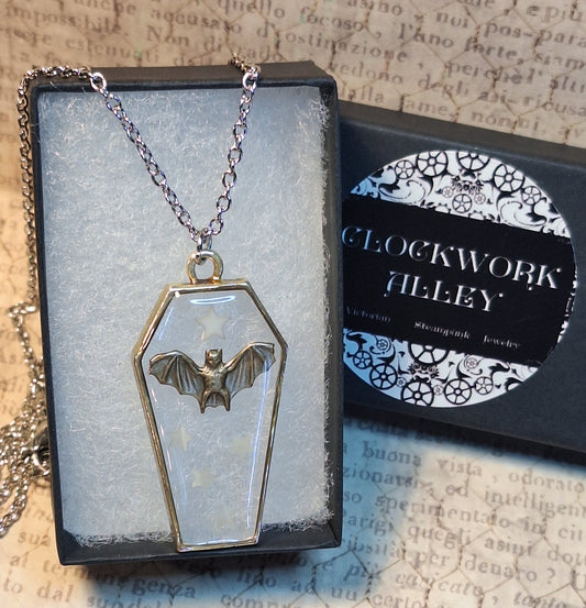 Coffin Bat with glow-in-the-dark Stars Pendant Necklace