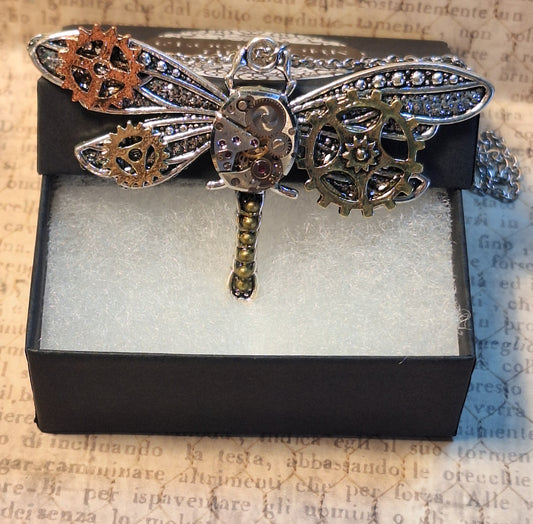 Large Steampunk Dragonfly Watch Movement Pendant Necklace
