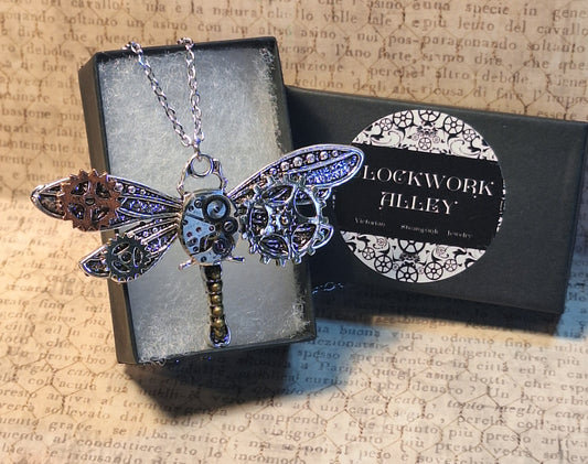 Large Steampunk Dragonfly Watch Movement Pendant Necklace