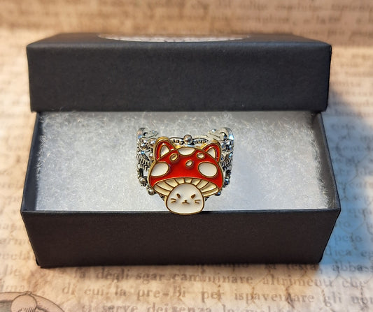 Mushroom Cat Filigree Adjustable Ring