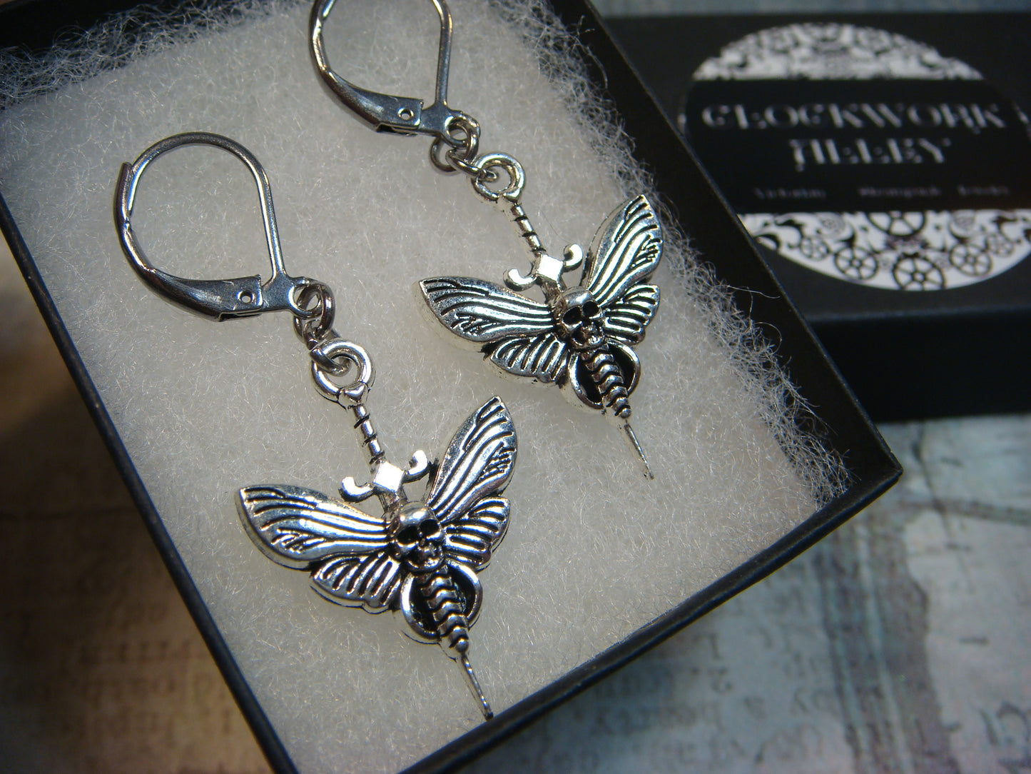 Moth Skull Dagger Dangle Earrings in Antique Silver