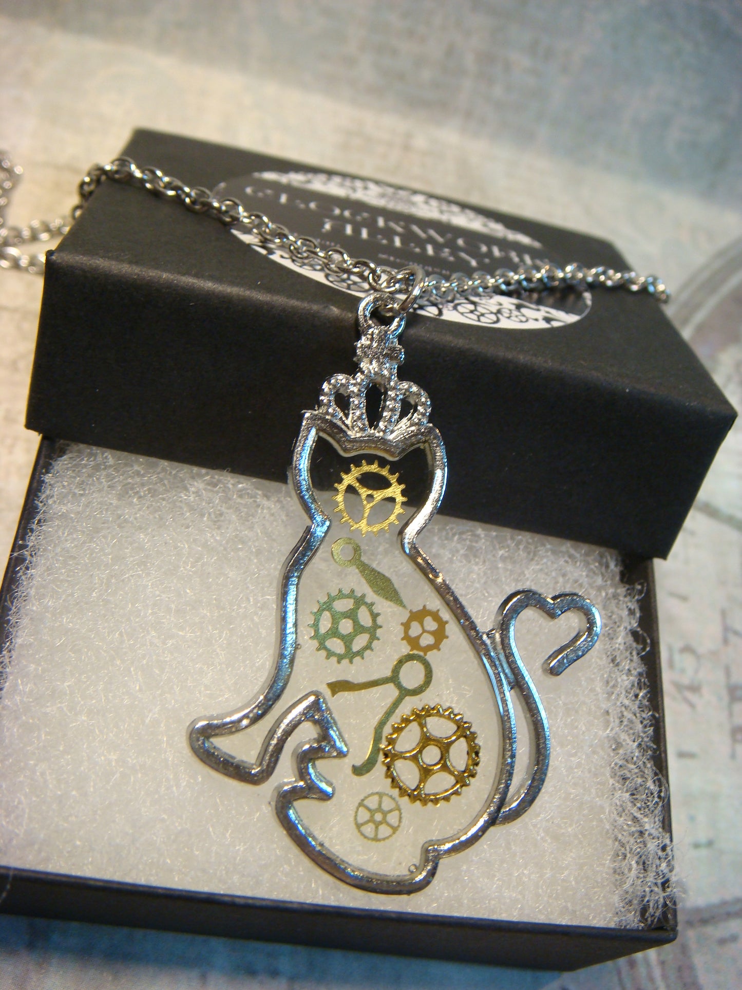 Cat with Gears and Parts Transparent Necklace