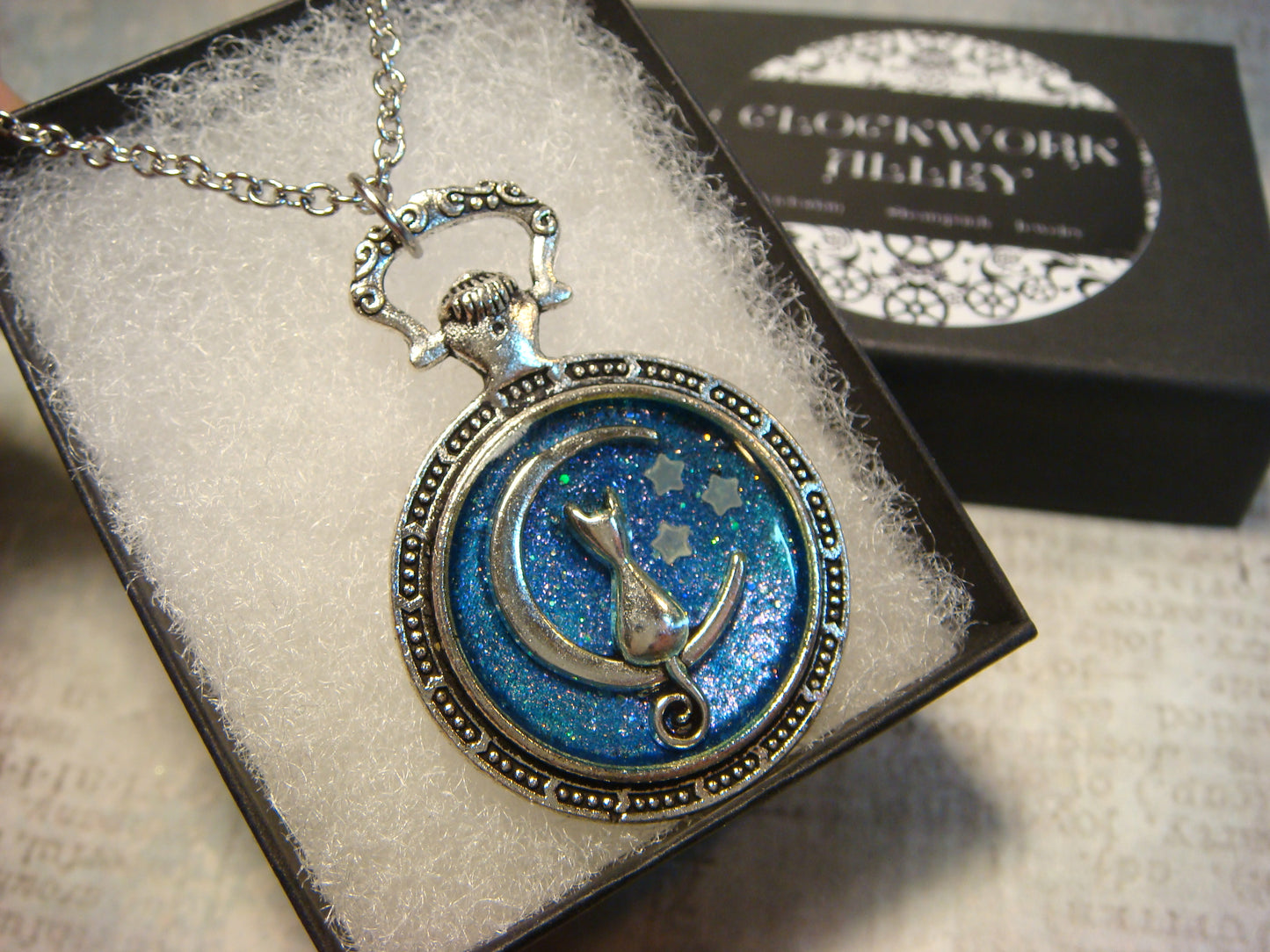 Cat Moon with Glow Stars Pocket Watch Pendant Necklace