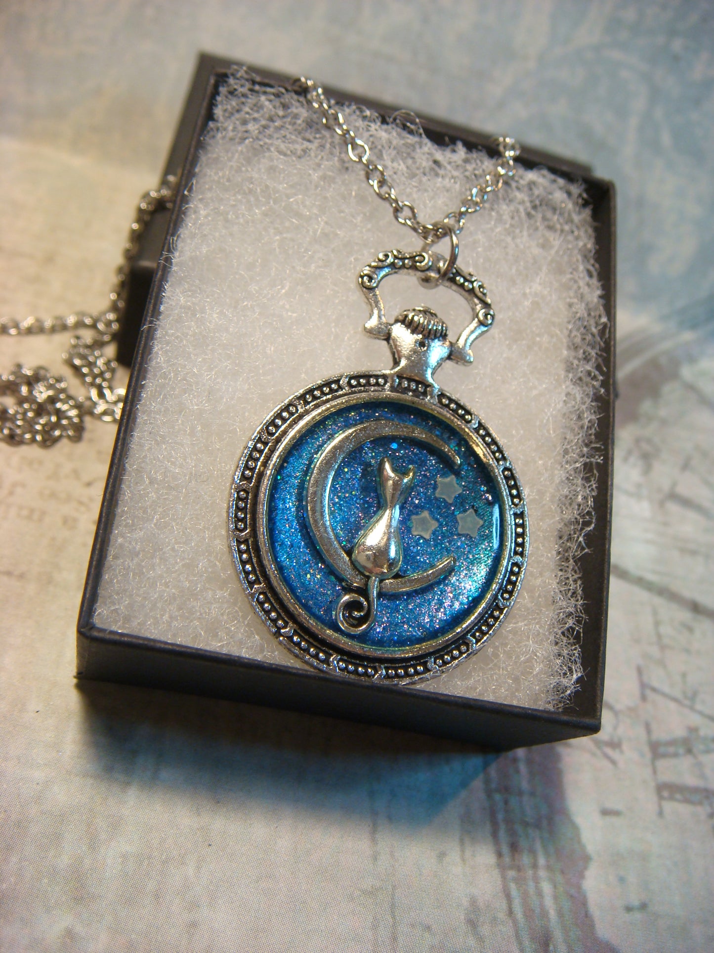 Cat Moon with Glow Stars Pocket Watch Pendant Necklace