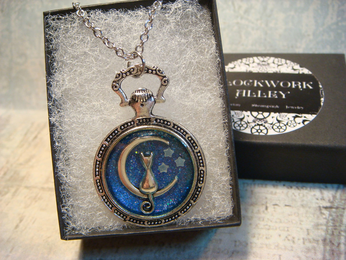 Cat Moon with Glow Stars Pocket Watch Pendant Necklace