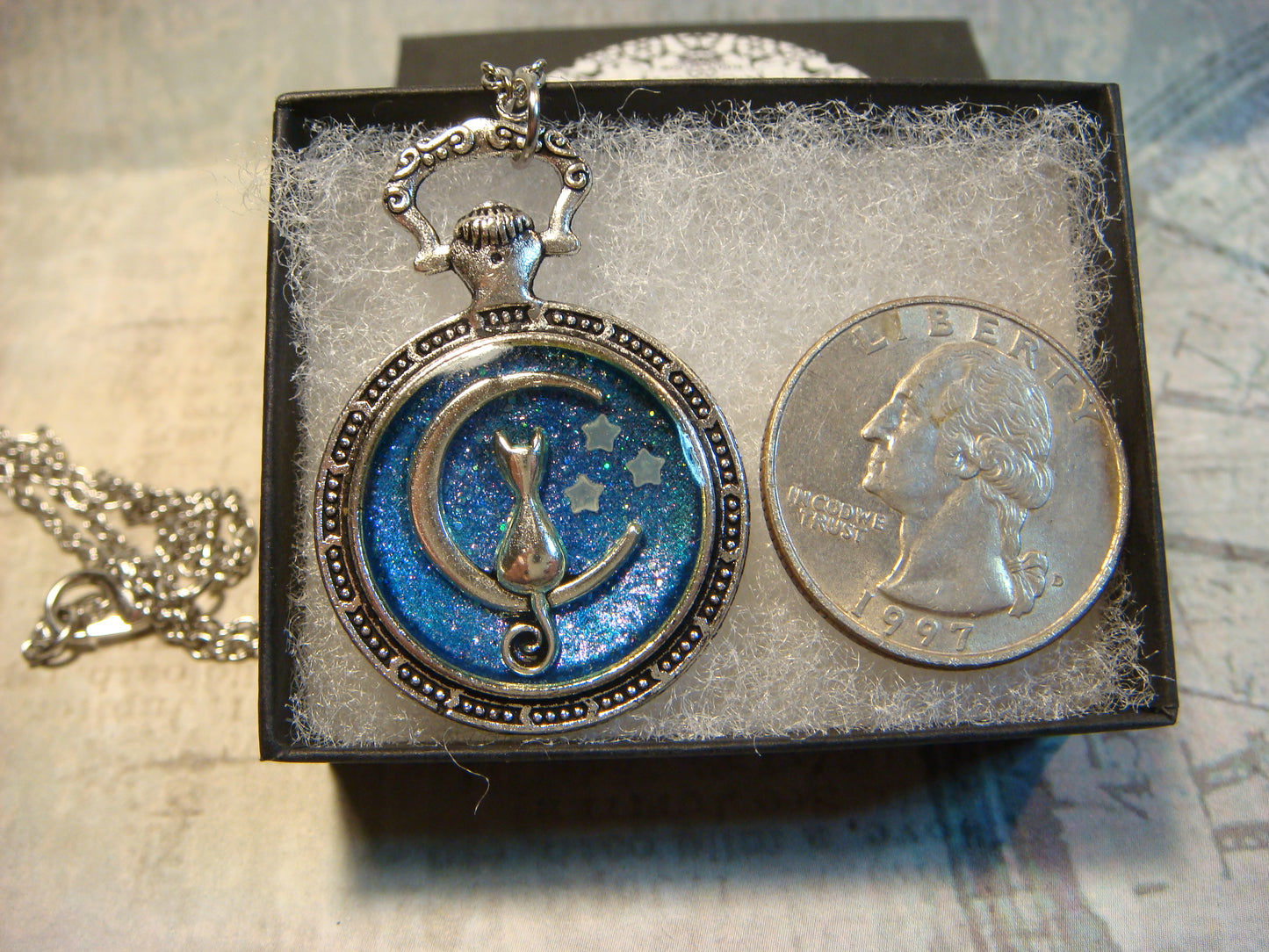 Cat Moon with Glow Stars Pocket Watch Pendant Necklace