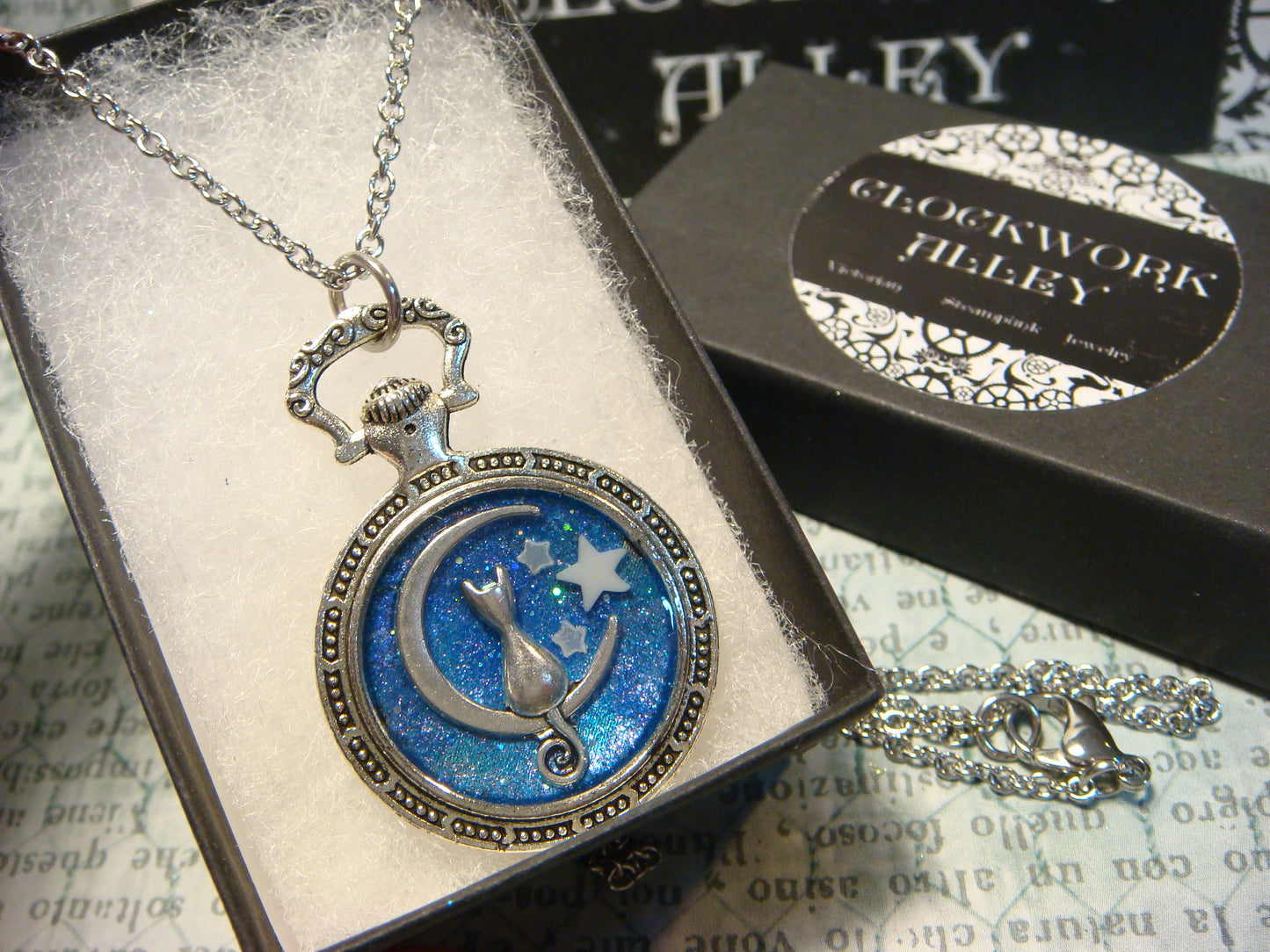 Cat Moon with Glow Stars Pocket Watch Pendant Necklace