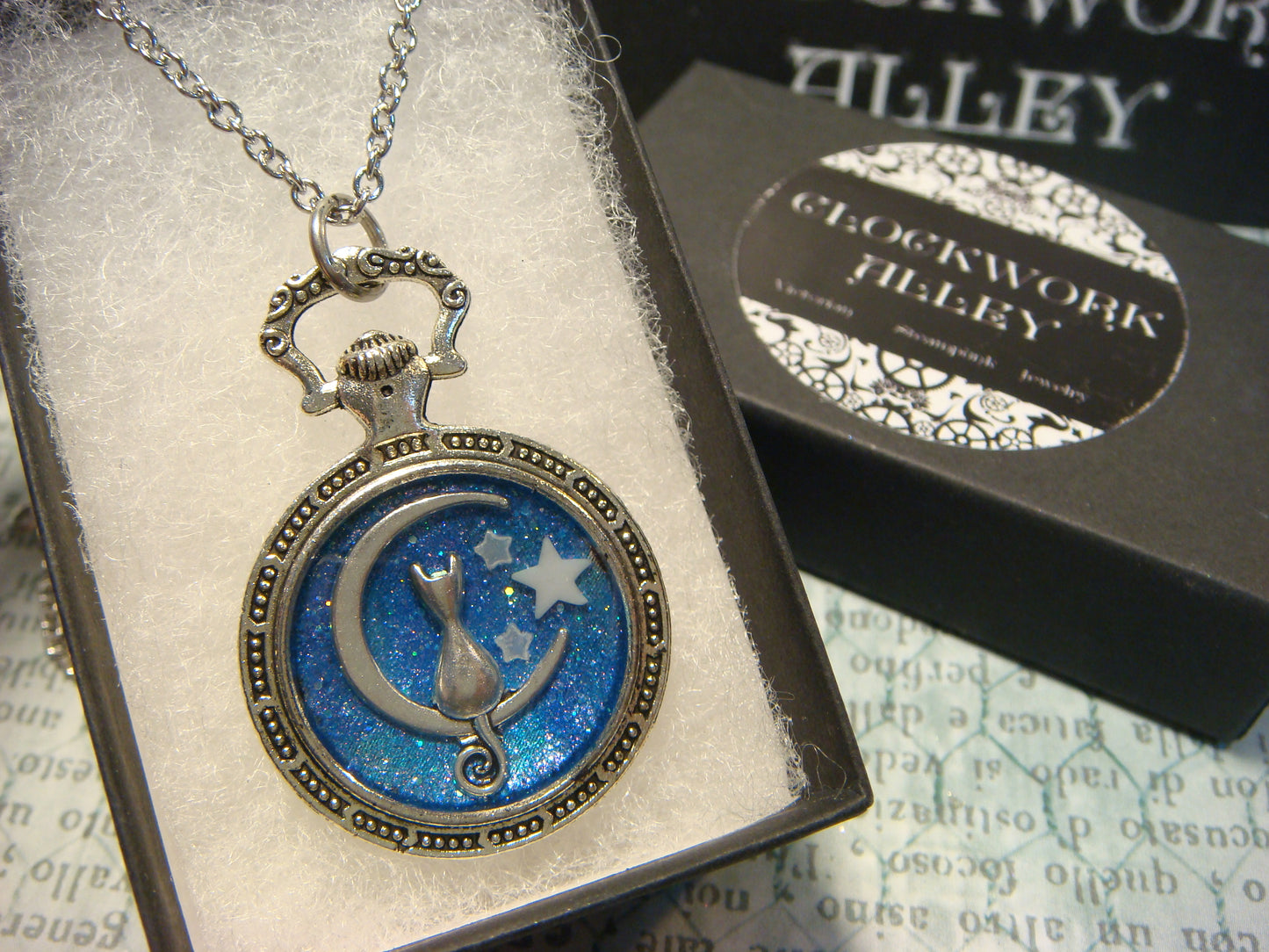 Cat Moon with Glow Stars Pocket Watch Pendant Necklace