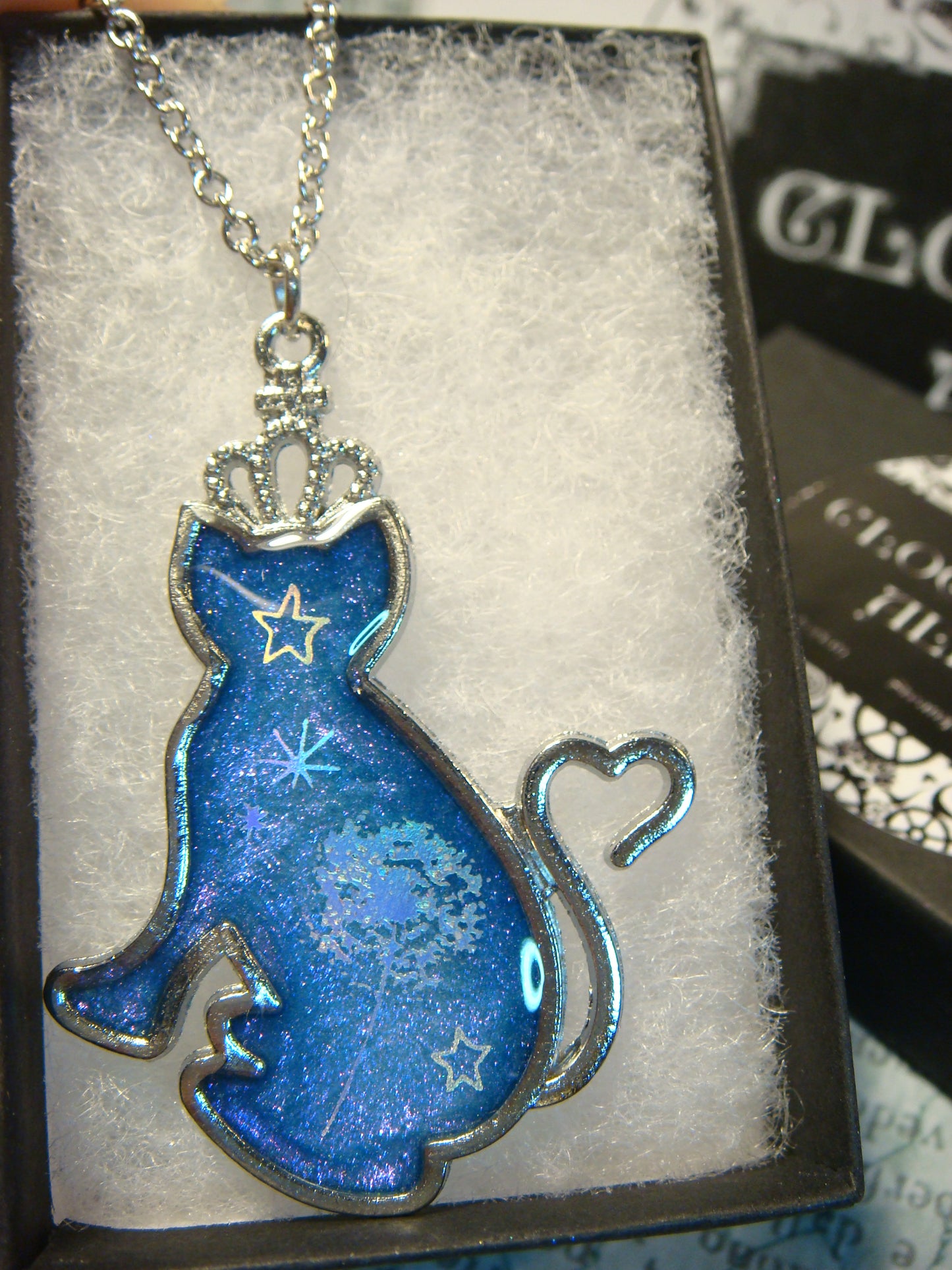 Cat with Tree and Stars Transparent Blue Necklace