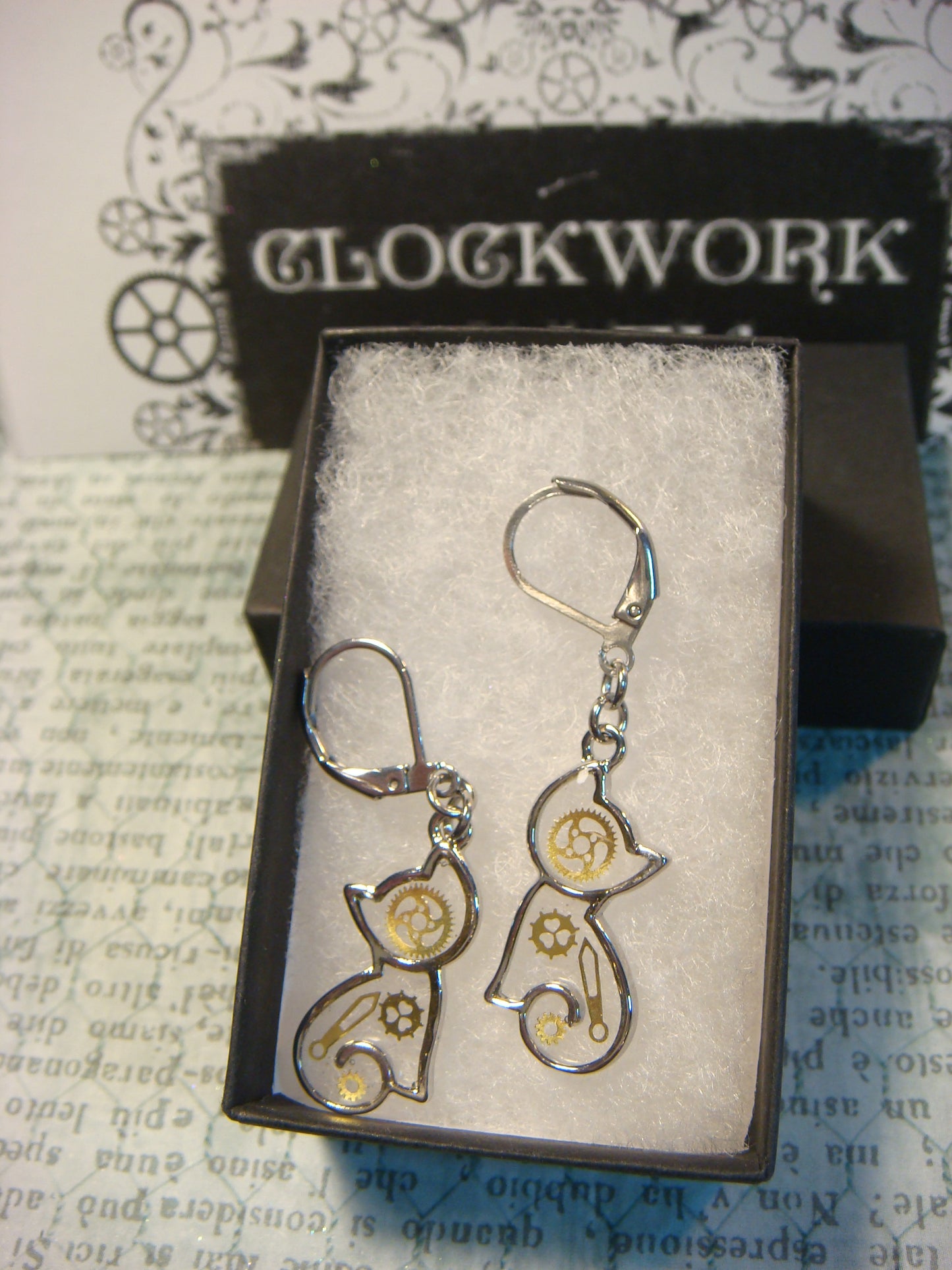 Cat with Gears Transparent Dangle Earrings