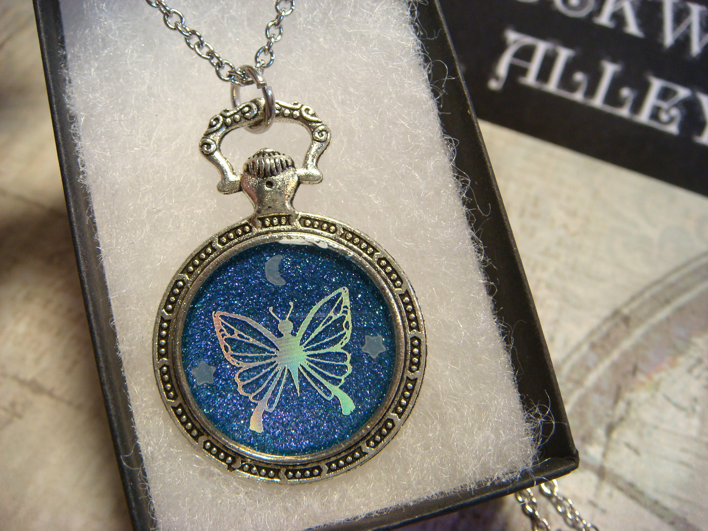 Butterfly with Moon and Stars Pocket Watch Pendant Necklace