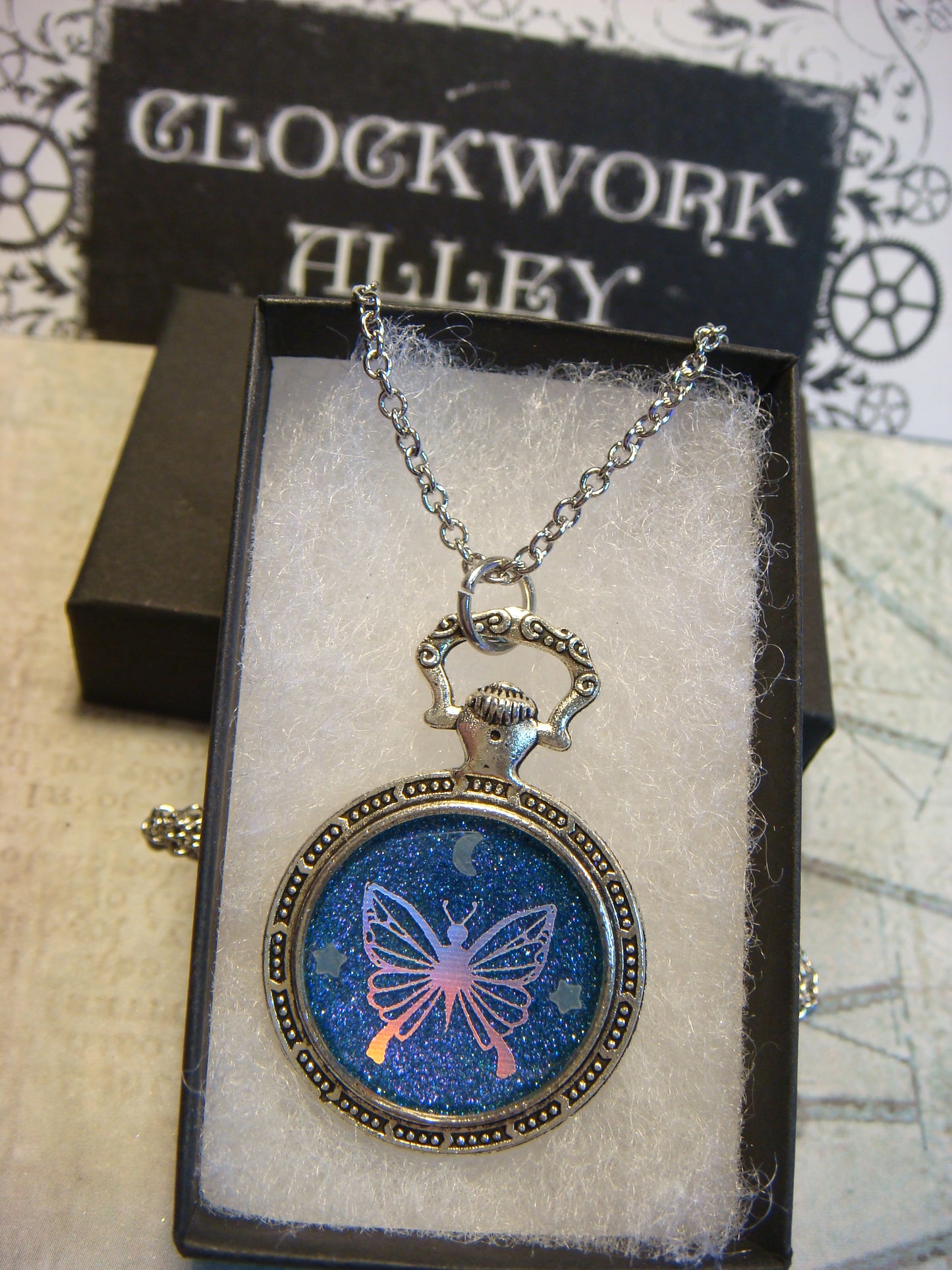 Butterfly with Moon and Stars Pocket Watch Pendant Necklace