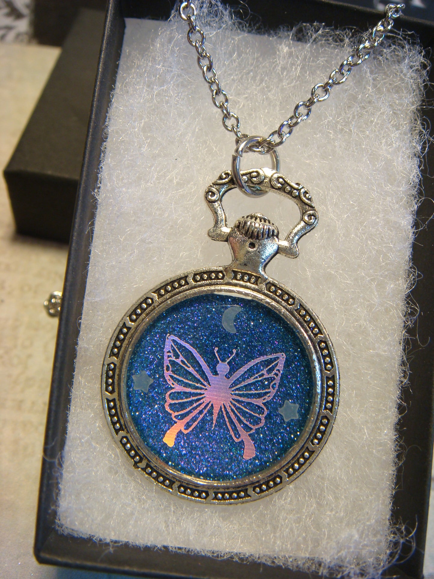 Butterfly with Moon and Stars Pocket Watch Pendant Necklace