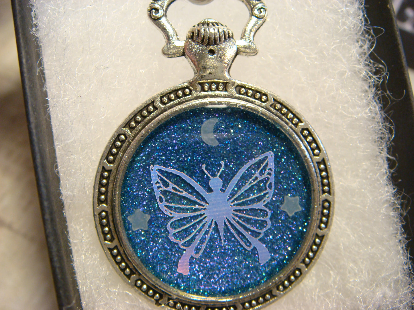 Butterfly with Moon and Stars Pocket Watch Pendant Necklace