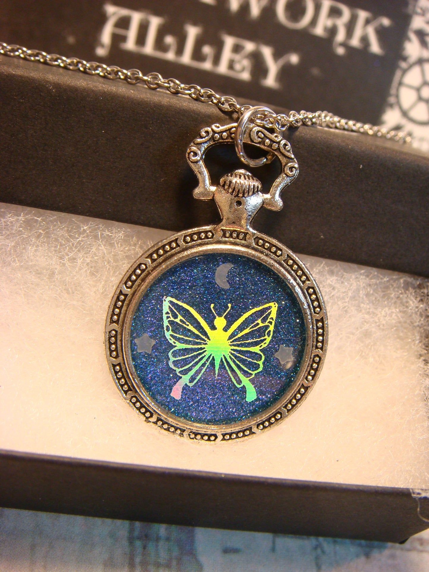 Butterfly with Moon and Stars Pocket Watch Pendant Necklace