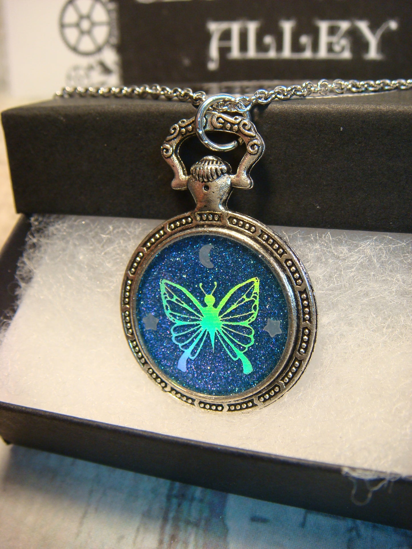 Butterfly with Moon and Stars Pocket Watch Pendant Necklace