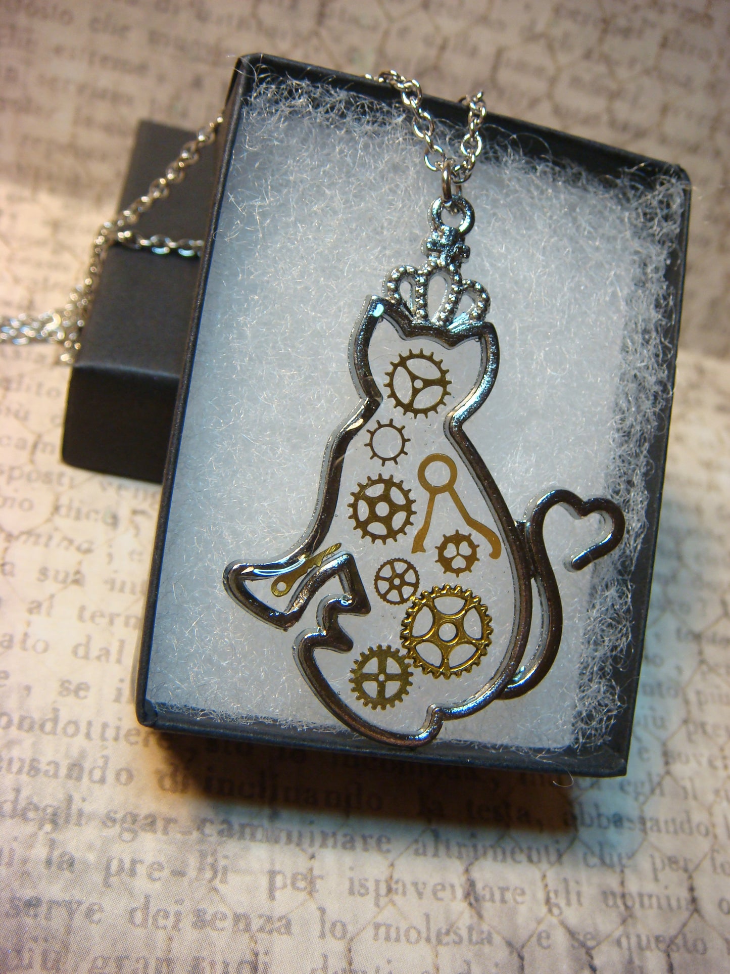 Cat with Gears Transparent Necklace