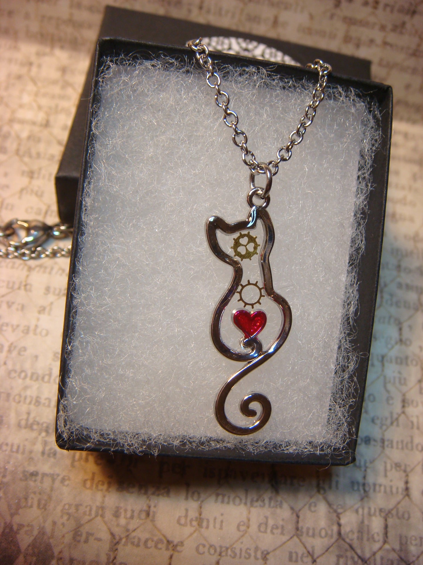 Cat with Heart and Gears Transparent Necklace