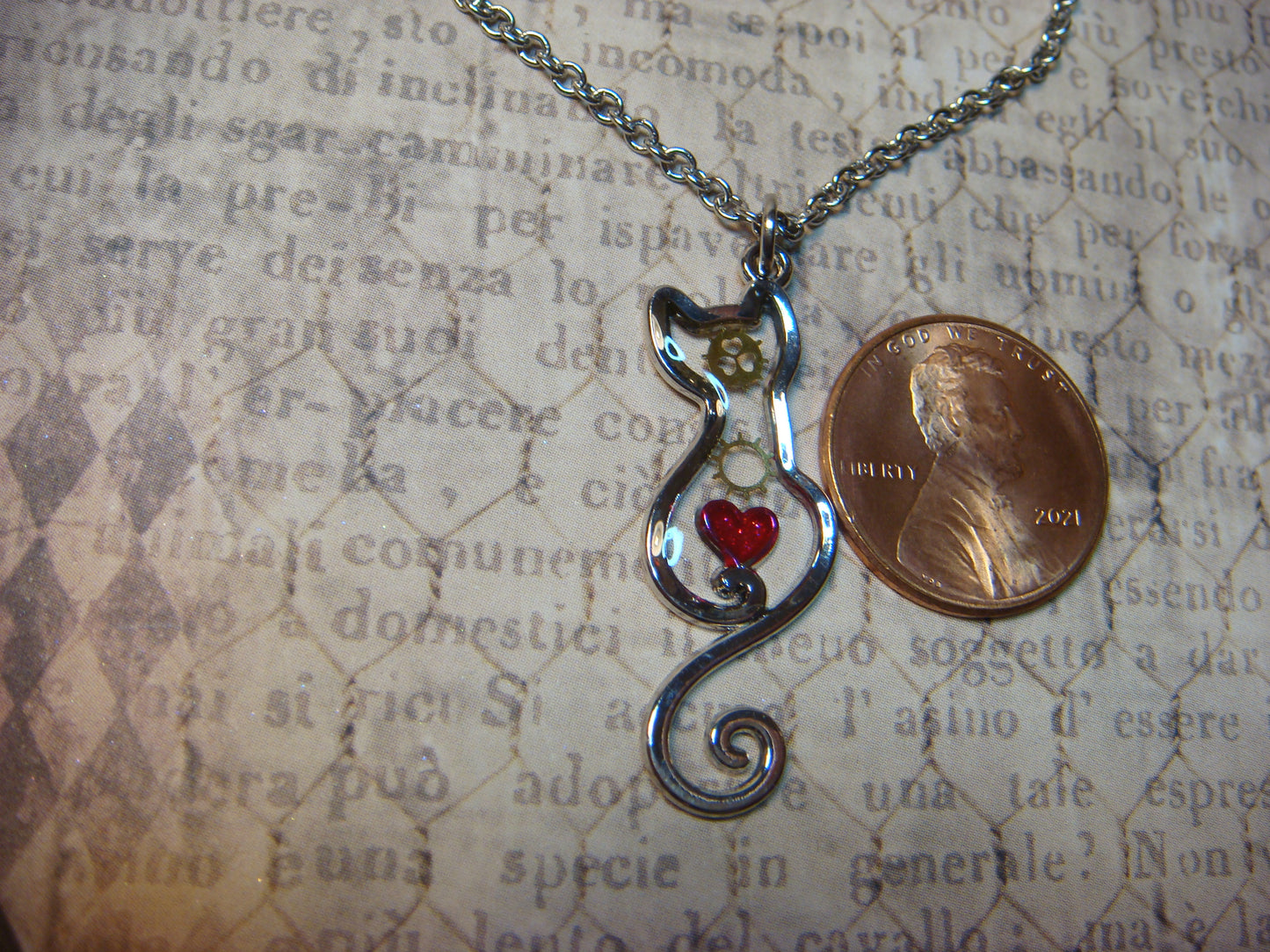 Cat with Heart and Gears Transparent Necklace