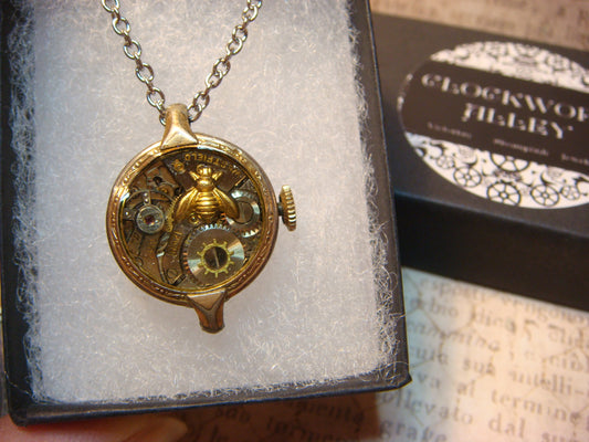 Clockwork Bee with Watch Parts Watch Case Necklace