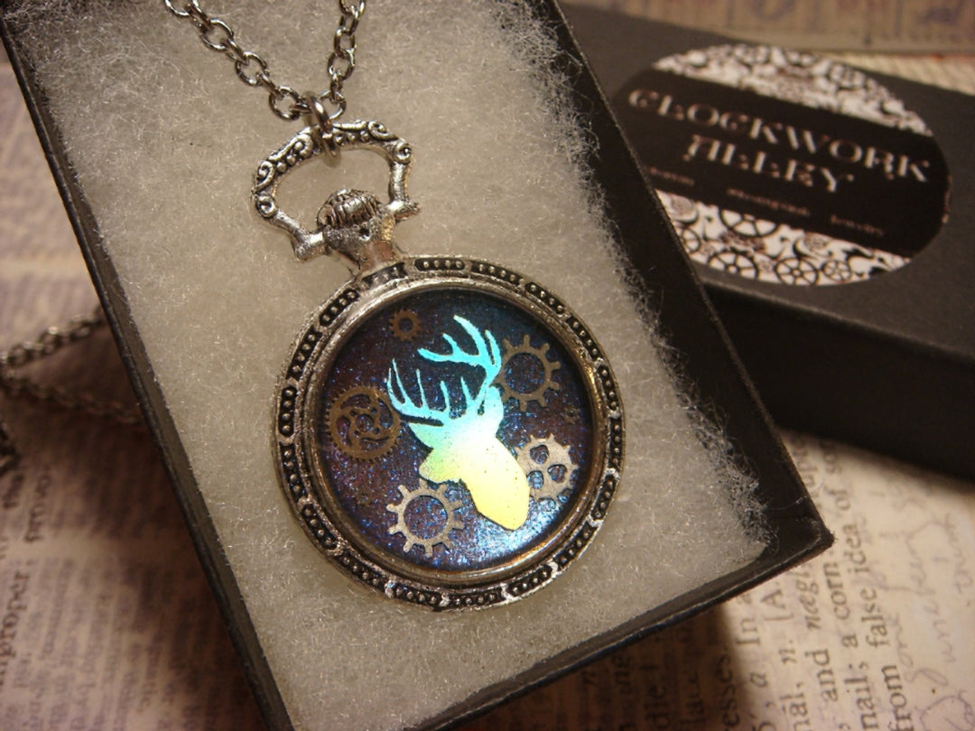 Antler Head and Gears Pocket Watch Pendant Necklace