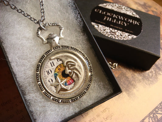 Moon and Star over Clock Pocket Watch Pendant Necklace