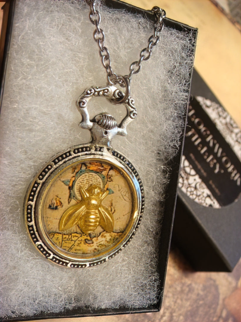 Bee over Map Pocket Watch Pendant Necklace