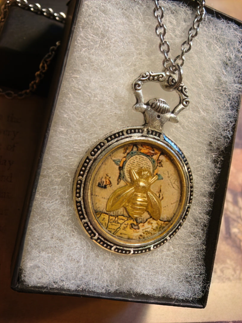 Bee over Map Pocket Watch Pendant Necklace