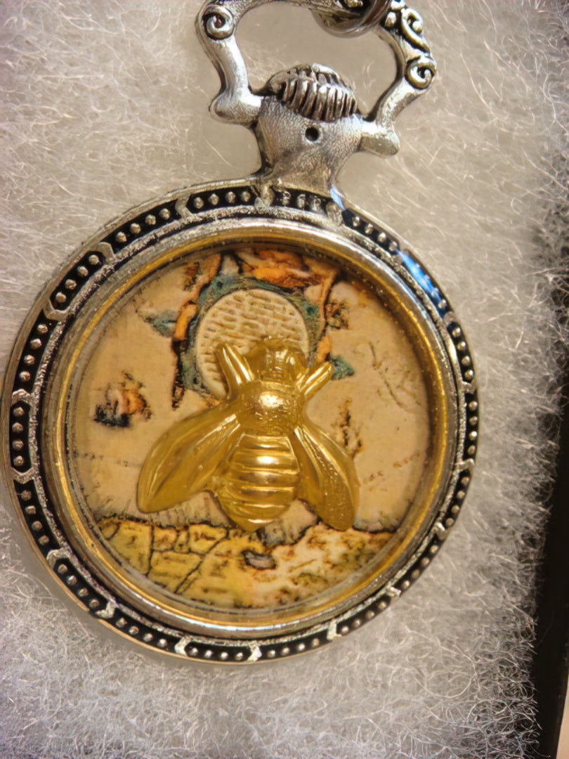 Bee over Map Pocket Watch Pendant Necklace