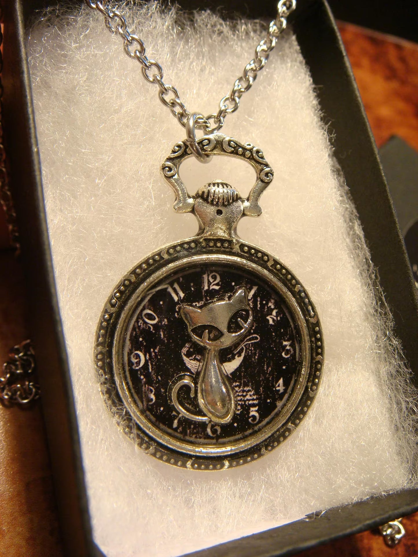 Cat over Clock Pocket Watch Pendant Necklace