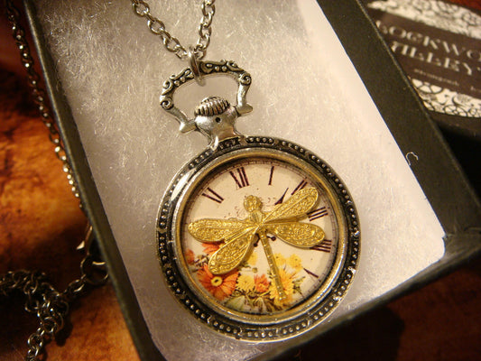 Dragonfly over Floral Clock Pocket Watch Pendant Necklace