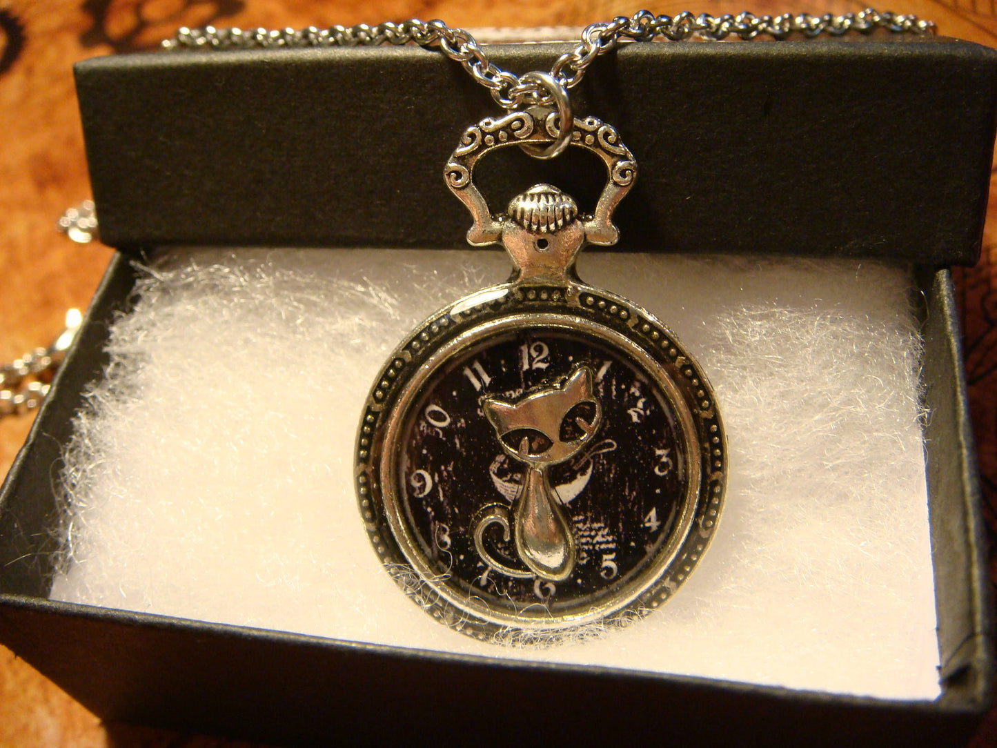 Cat over Clock Pocket Watch Pendant Necklace